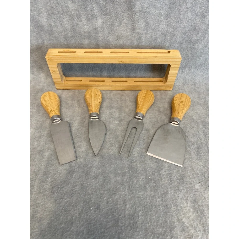 Bamboo Handle Charcuterie Cheese Board Knife Set with Holder‎ 4 Knives